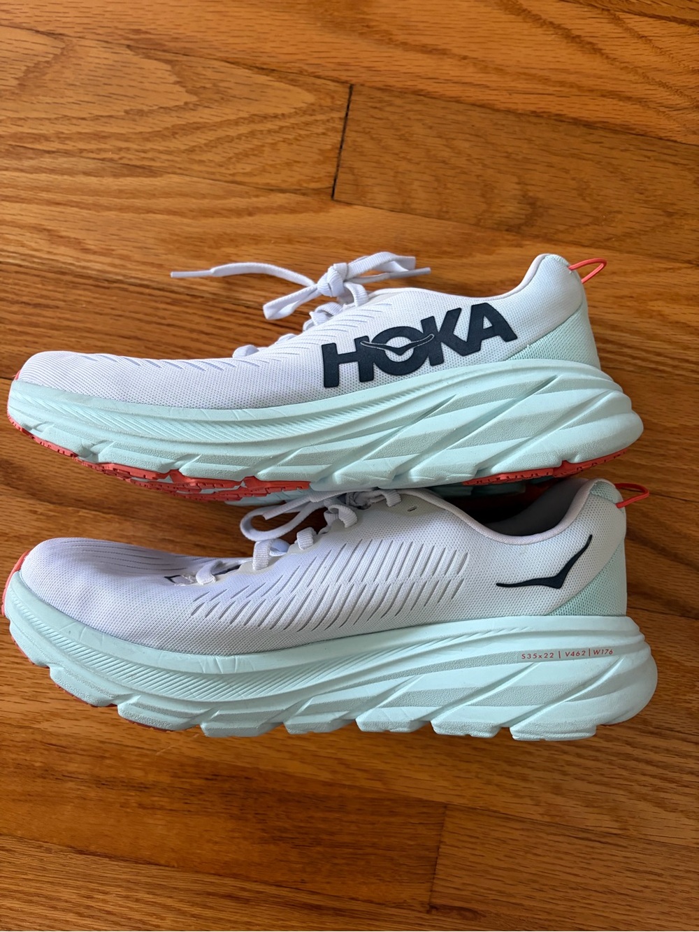 Hoka Women's Clifton 8 - White and Mint Athletic Running Shoes with Coral Accent